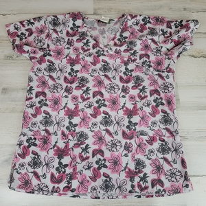 Pro active pink and gray floral scrub top size‎ small